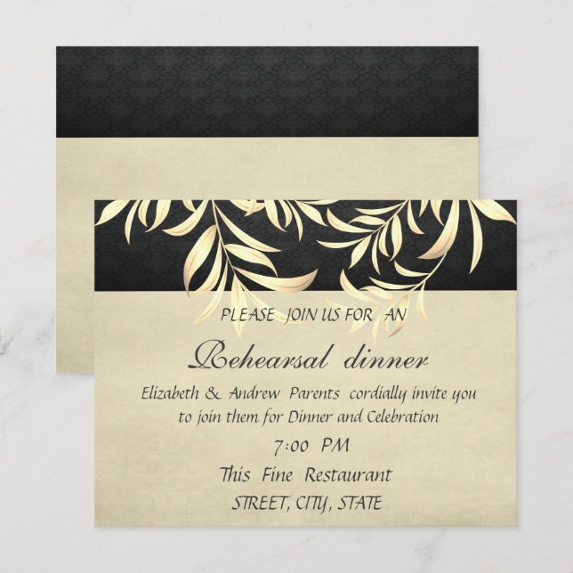 Elegant Vintage Faux Gold Leaves  Rehearsal Dinner Invitation (Front/Back)
