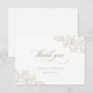 Elegant Vintage Floral Beige Gold Script Wedding Thank You Card