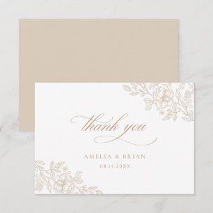 Elegant Vintage Floral Beige Gold Script Wedding Thank You Card