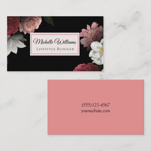 Elegant Vintage Floral Black Wildflower Business Card (Front/Back)