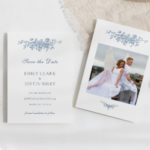 Elegant Vintage Floral Blue Photo Save the Date  Invitation