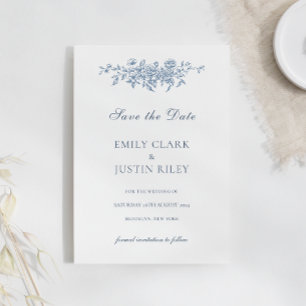 Elegant Vintage Floral Blue Save the Date Wedding Invitation