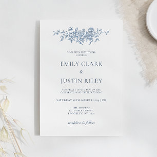 Elegant Vintage Floral Blue Wedding Invitation