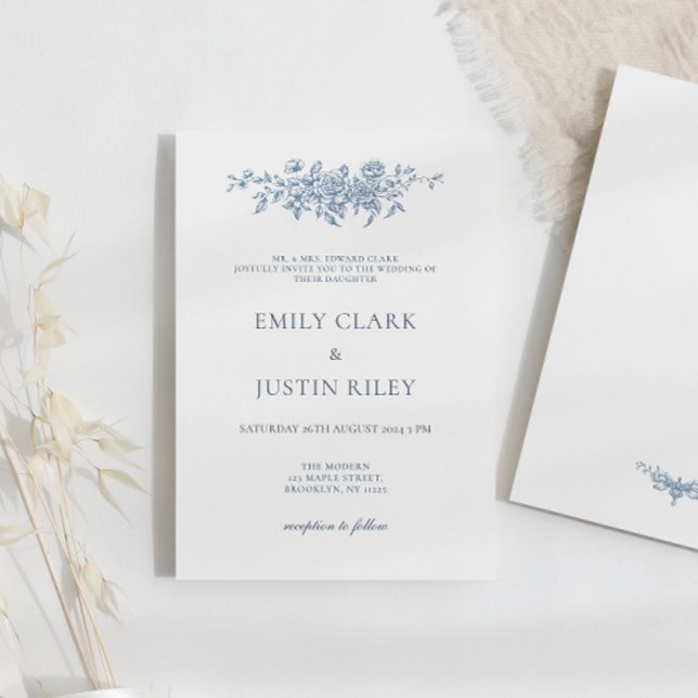 Elegant Vintage Floral Blue Wedding Invitation (Creator Uploaded)