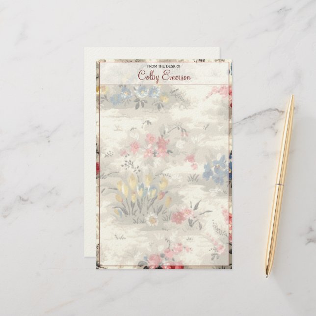 Elegant Vintage Floral Botanical Burgundy Text Stationery (Front/Back In Situ)