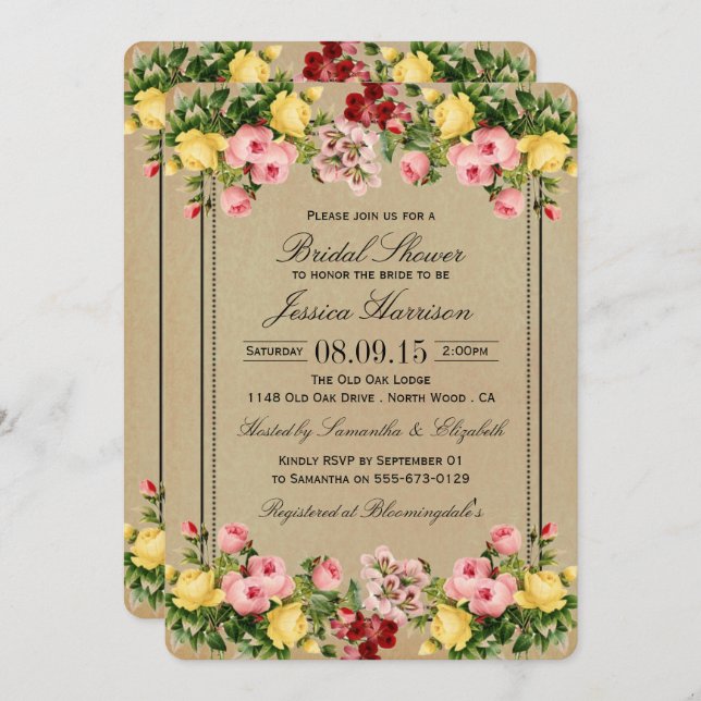 Elegant Vintage Floral Bridal Shower Invitations (Front/Back)