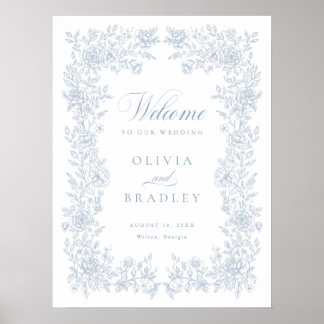 Elegant Vintage Floral Dusty Blue Wedding Welcome Poster