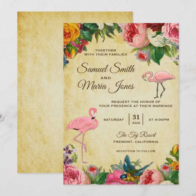 Elegant Vintage Floral Flamingo Wedding Invitation (Front/Back)