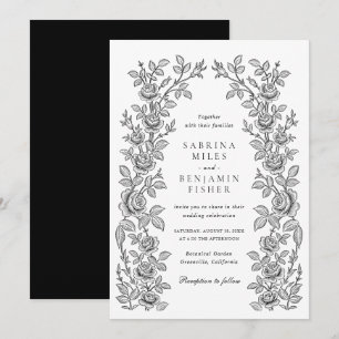Elegant Vintage Floral Frame Black White Wedding Invitation
