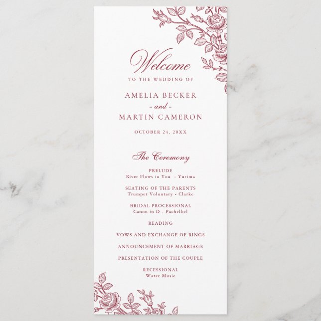 Elegant Vintage Floral Frame Burgundy Wedding  Program (Front)