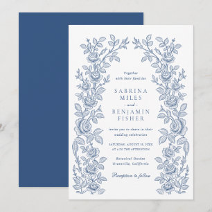 Elegant Vintage Floral Frame Navy Blue Wedding Invitation