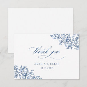 Elegant Vintage Floral French Blue Script Wedding Thank You Card