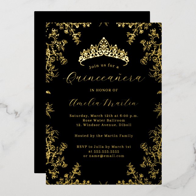 Elegant Vintage Floral Gold Black Quinceanera  (Front/Back)