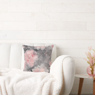 Elegant Vintage Floral Lace Pattern Pink and Grey Throw Pillow