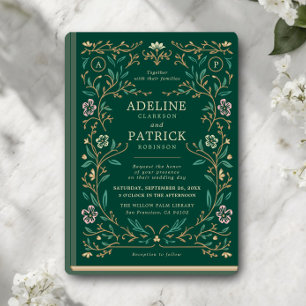 Elegant Vintage Floral Library Book Wedding Invitation