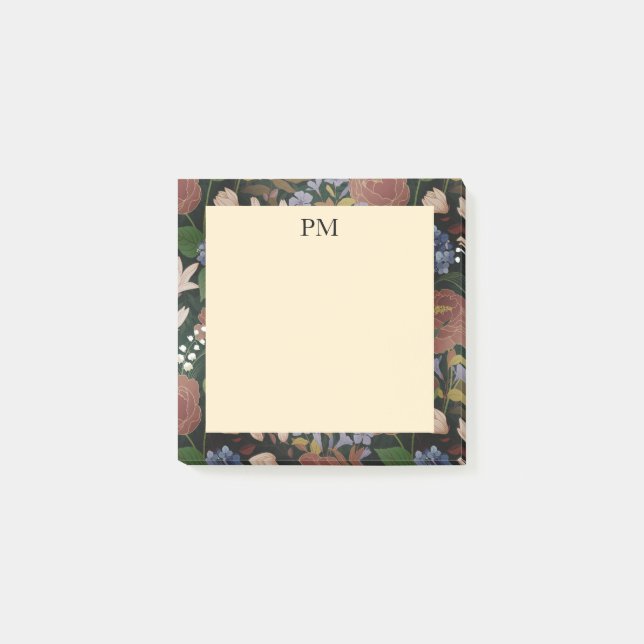 Elegant Vintage Floral Monogram Post-it Notes (Front)