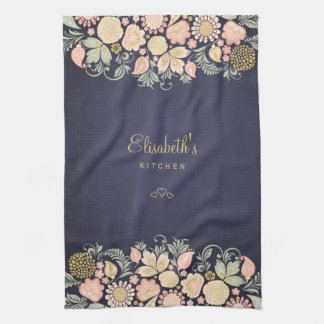 Elegant vintage floral navy blush peach kitchen towel