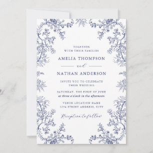 Elegant Vintage Floral Navy Wedding Invitation