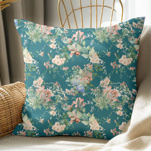 Elegant Vintage Floral Pattern Dark Teal Throw Pillow