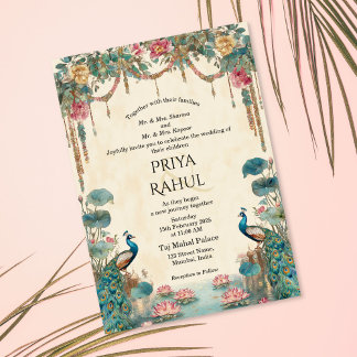 Elegant Vintage Floral Peacock Indian Wedding Invitation