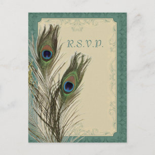 elegant vintage floral peacock wedding RSVP Invitation Postcard
