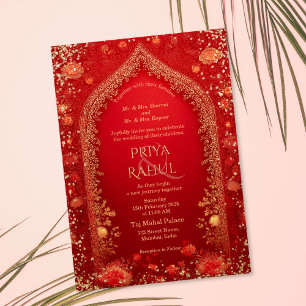 Elegant Vintage Floral Red Gold Indian Wedding Invitation