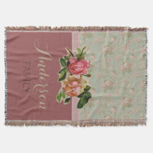 Elegant Vintage Floral Rose Family Name Throw Blanket