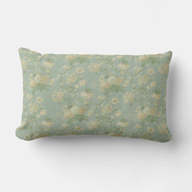 Elegant Vintage Floral Rose, Green Lumbar Pillow (Front)