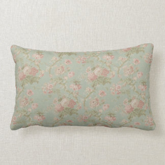Elegant Vintage Floral Rose, Green & Pink Lumbar Pillow