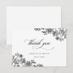 Elegant Vintage Floral Royal Black White Wedding Thank You Card