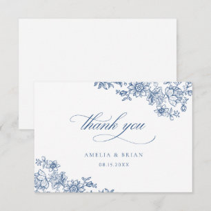 Elegant Vintage Floral Royal Blue Script Wedding Thank You Card