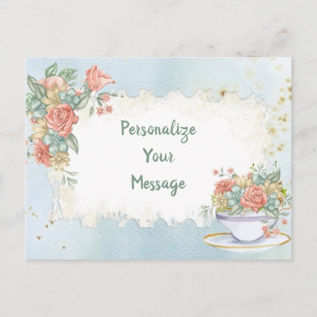 Elegant Vintage Floral Tea Cup Personalized Postcard (Front)