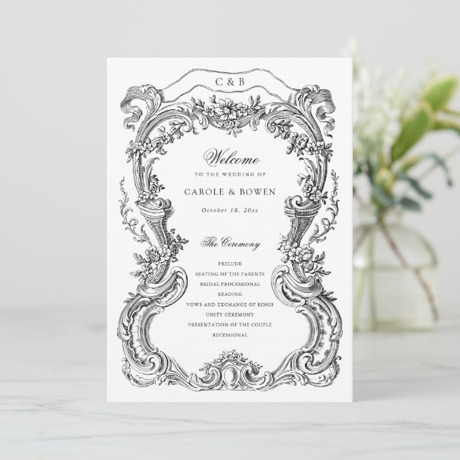 Elegant Vintage Floral Toile Frame Wedding Program (Standing Front)