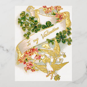 Elegant Vintage Floral Valentine with Doves Foil Holiday Postcard