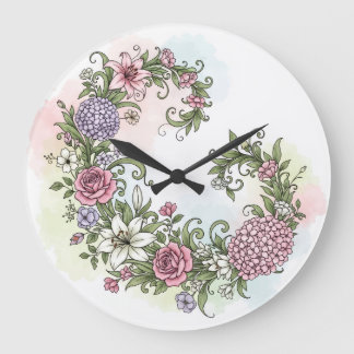 Elegant Vintage Floral Wreath with Pink Roses and  Large Clock