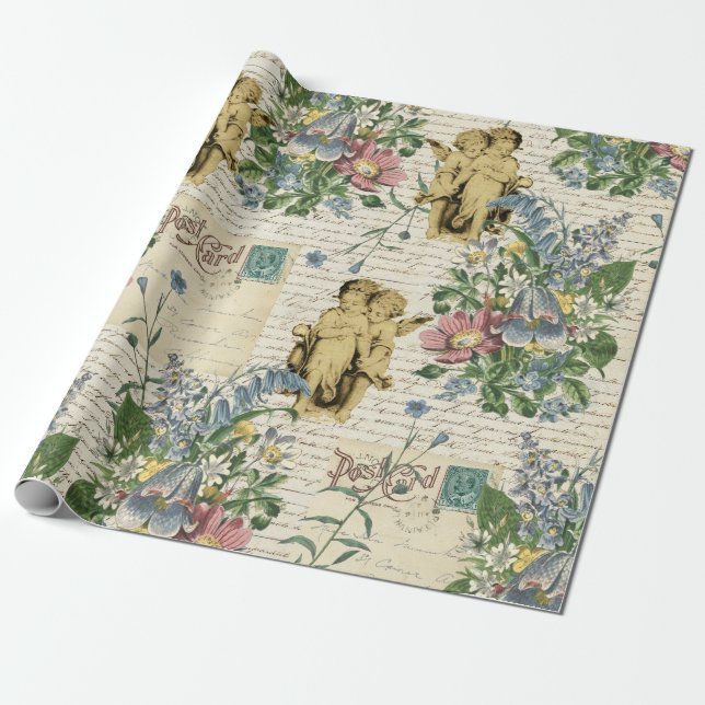 Elegant Vintage Flowers Angels Old Script Wrapping Paper (Unrolled)