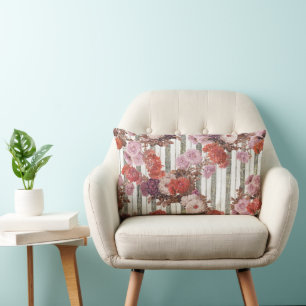 Elegant Vintage Flowers Antique Ticking Stripes Lumbar Pillow