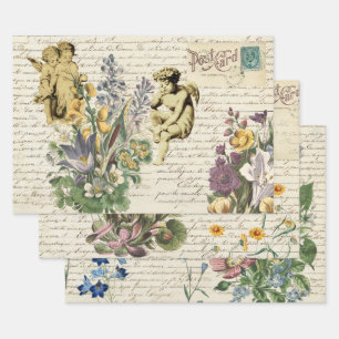 Elegant Vintage Flowers Cherub Angels Old Script Wrapping Paper Sheet