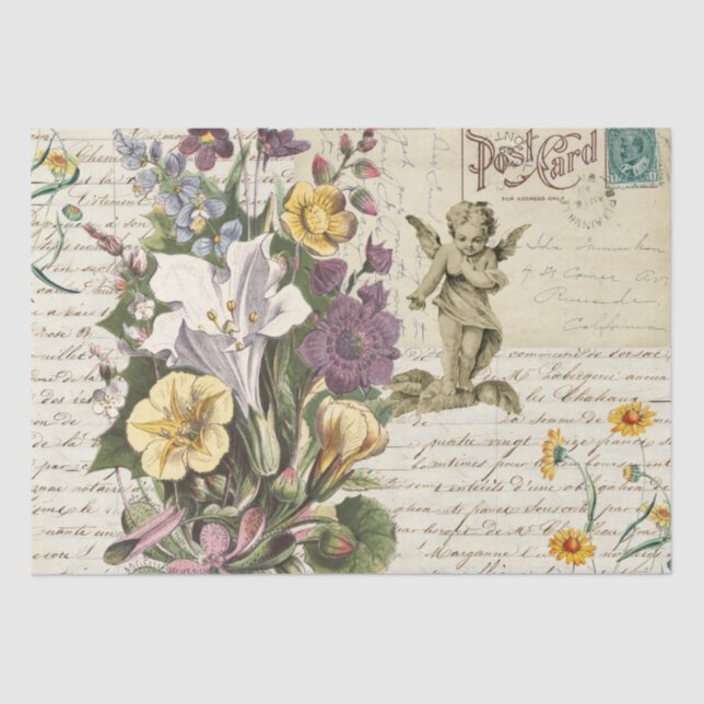 Elegant Vintage Flowers Cherub Script Tissue Paper (Front)