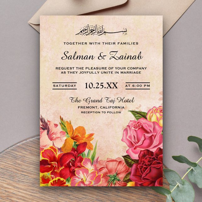 Elegant Vintage Flowers Islamic Muslim Wedding Invitation (Creator Uploaded)