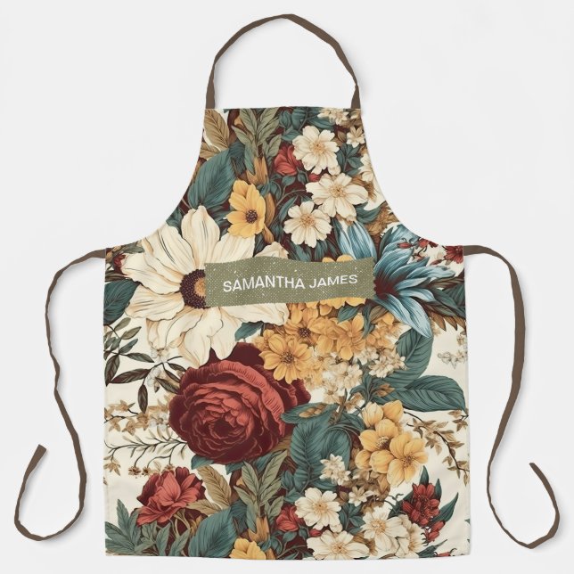 Elegant Vintage Flowers Ivory & Kraft Personalized Apron (Front)