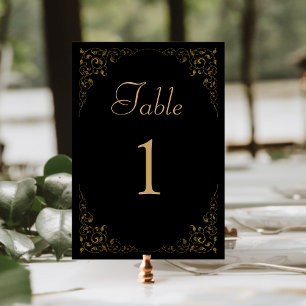 Elegant Vintage Foliage Black Gold Wedding Table Number
