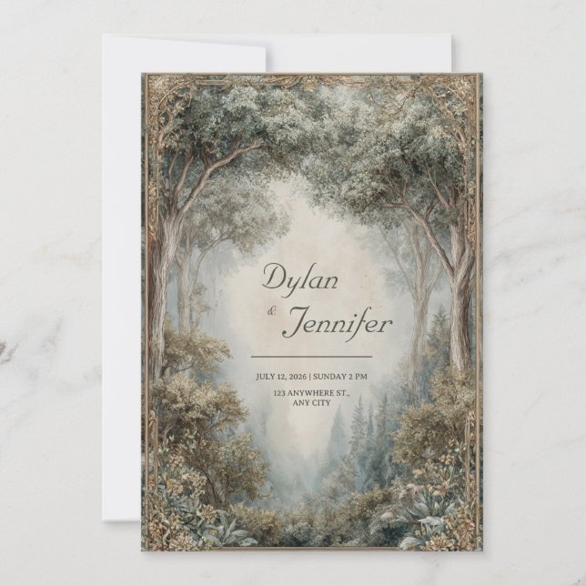 Elegant Vintage Forest Gold Frame Wedding Invitation (Front)