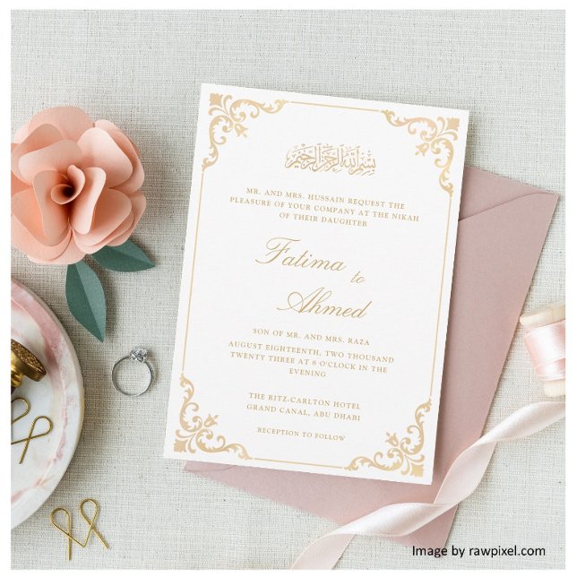 Elegant Vintage Frame Gold Script Nikah Ceremony Invitation (Creator Uploaded)