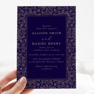 Elegant Vintage Frame Navy Wedding Invitation