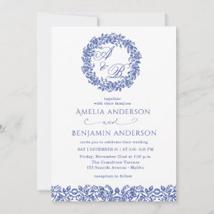Elegant Vintage French  Blue Floral Wedding Invitation