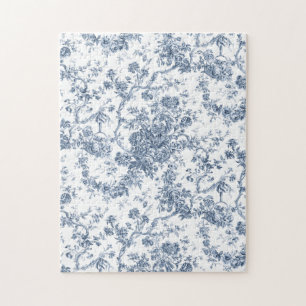 Elegant Vintage French Engraved Floral Toile-Blue Jigsaw Puzzle