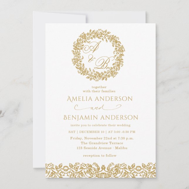 Elegant Vintage French  Gold Floral Wedding Invitation (Front)