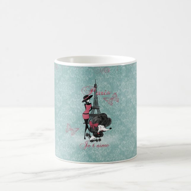 Elegant vintage French poodle girls silhouette Coffee Mug (Center)