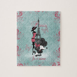 Elegant vintage French poodle girls silhouette Jigsaw Puzzle